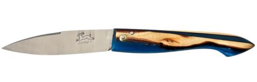 Couteau Le Capucin manche Genévrier avec une résine bleue