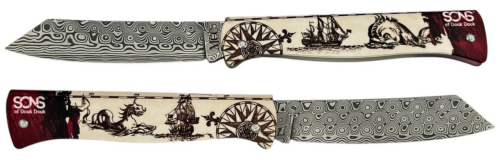 Couteau Sons of Douk-Douk© Thème Marin, lame Higonokami damas Roses.